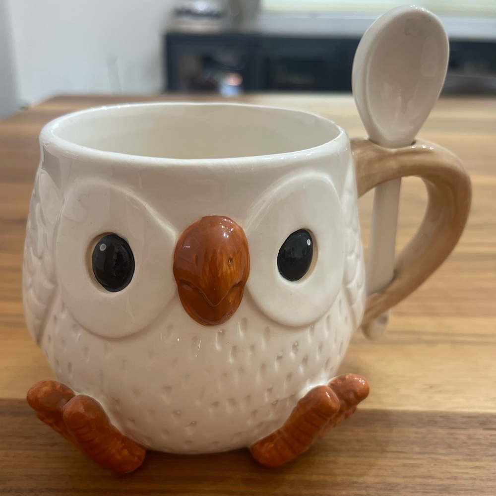 White Owl Ceramic Mug with Spoon Coffee & Tea Accessory